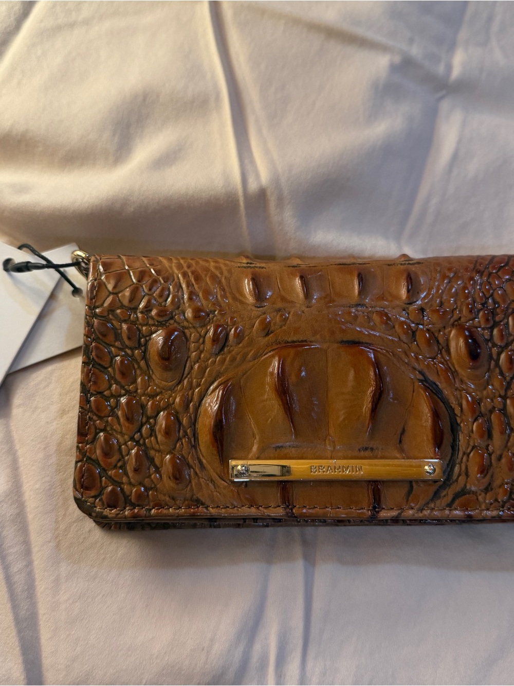 Brahmin Amber Croc-Embossed Leather Wallet with Gold Hardware